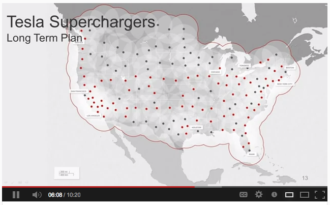Plan de la localisation des bornes de recharge rapide de Tesla en 2017