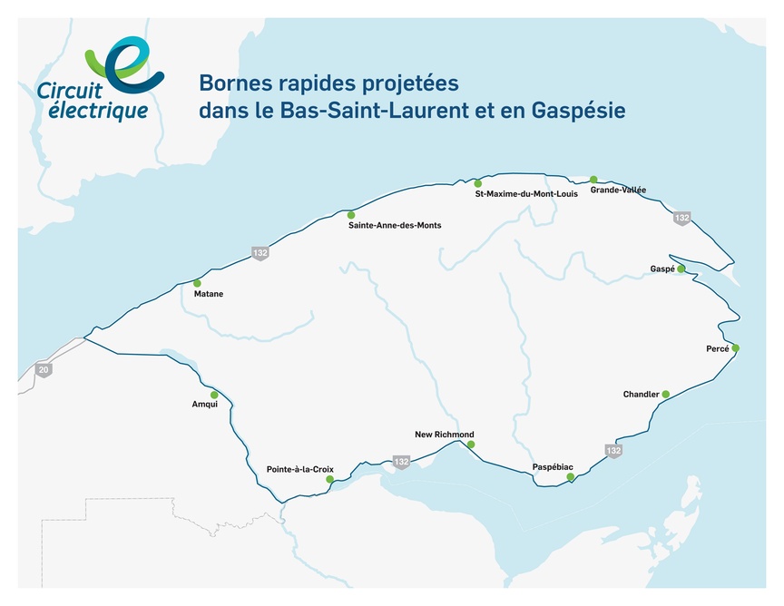 Carte des bornes de recharge rapide pour voitures électriques en Gaspésie