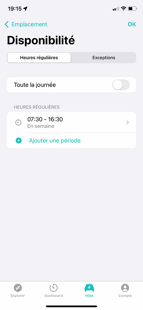 Reglage horaire de disponibilité de la borne de recharge dans l'application de partage Foresta 