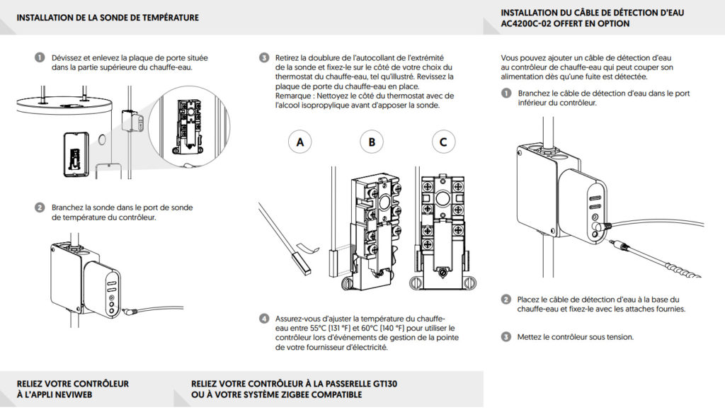 Branchement de la sonde Sinope au chauffe-eau dans le cadre de l'installation du controleur de chauffe-eau Calypso Sinope RM3500ZB